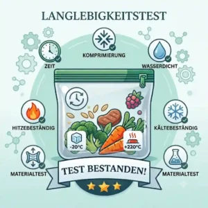 A schematic drawing of a clear silicone bag (silikonbeutel langlebigkeit test) showing certifications for being free of harmful substances.