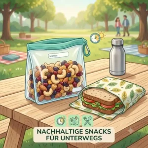 An eco-friendly snack pouch filled with nuts and fruits for travel, representing "silikonbeutel nachhaltige aufbewahrung".
