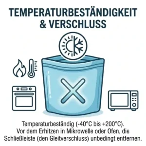 Temperature limits and slider removal guidelines in the silikonbeutel pflegeanleitung.