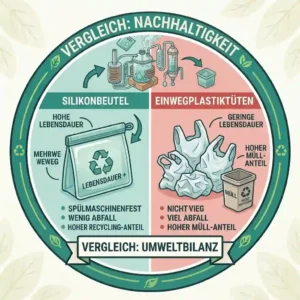 Visual comparison of the environmental impact between single-use plastic bags and durable models regarding silikonbeutel recycling.