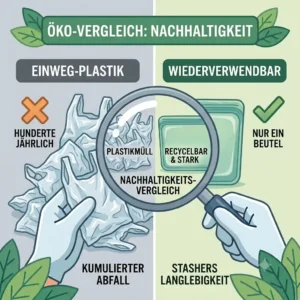Illustration 7 for the stasher silikonbeutel test showing the sustainability comparison against single-use plastic