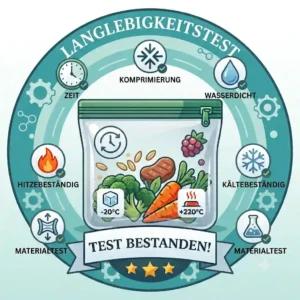 An informational graphic illustrating a clear silicone bag (silikonbeutel langlebigkeit test) replacing numerous single-use plastic bags.