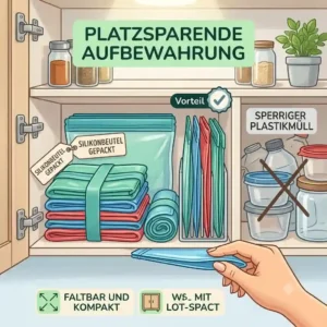 Flat, folded reusable bags stored neatly in a cabinet drawer to show "silikonbeutel nachhaltige aufbewahrung".