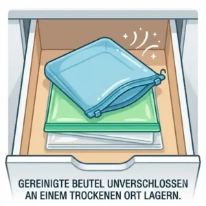 Storing clean and dry bags flat in a clean drawer as part of the silikonbeutel pflegeanleitung.
