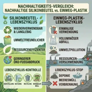 A direct visual side-by-side comparison of alternative packaging in a silikonbeutel umwelt test vs plastic bags.
