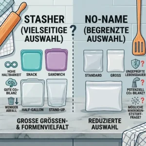 Showing the available product variety and shape options for stasher vs no name silikonbeutel.